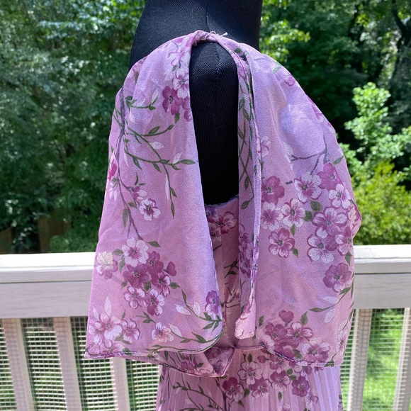 Vintage 60s 70s Floral Pleat Bow Cottagecore Dress - Picture 9 of 12